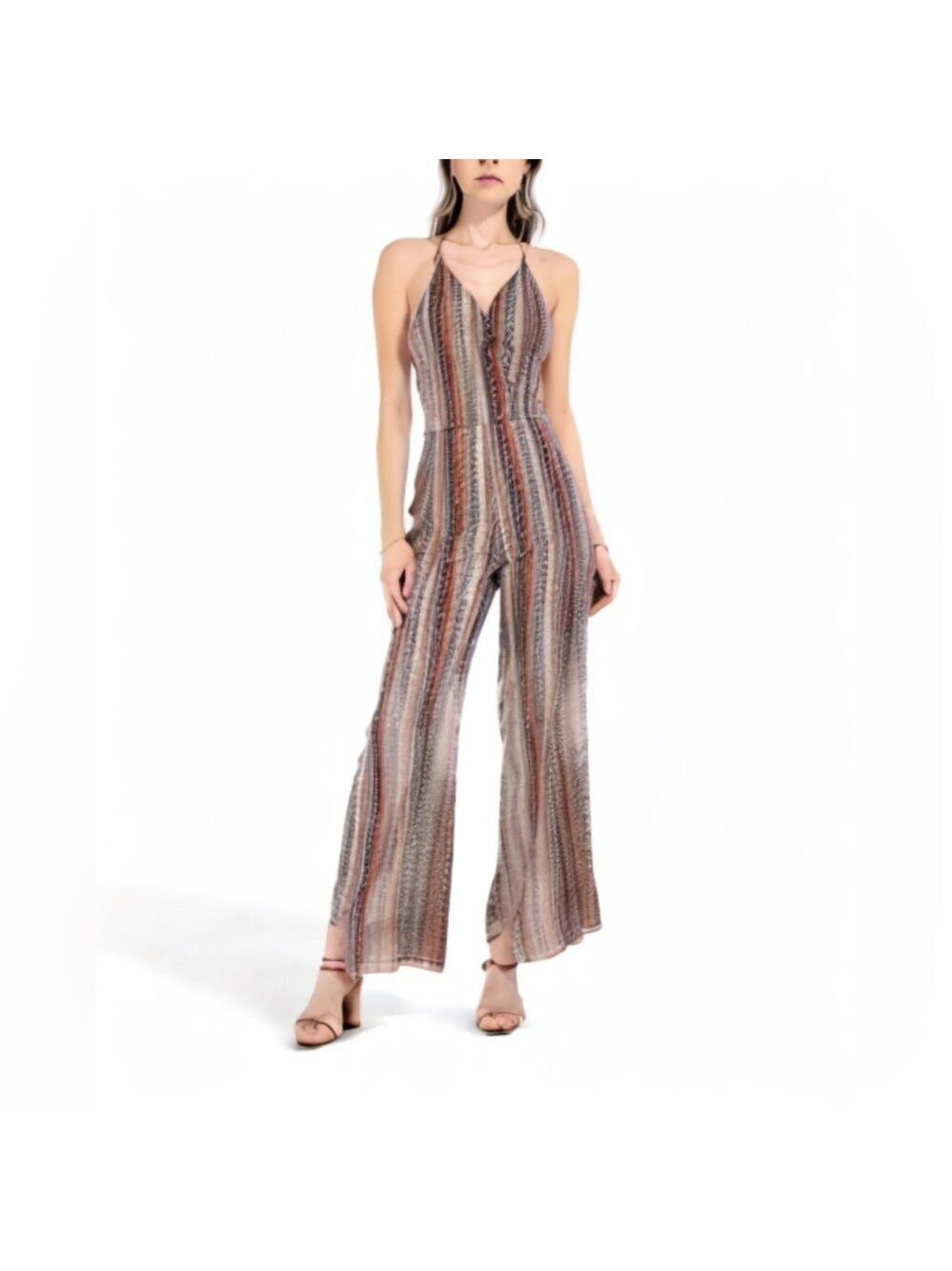 Luxxel Brown, Red and Blue Striped Aztec Wide Leg Jumpsuit Large